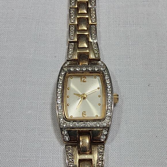 Vintage George Women's Rectangular Face Watch Silver Gold Tone Band Rhinestones - Picture 5 of 16
